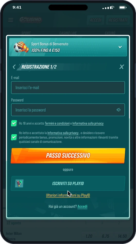 Modulo di registrazione Golisimo con i campi email, numero di telefono, valuta e password